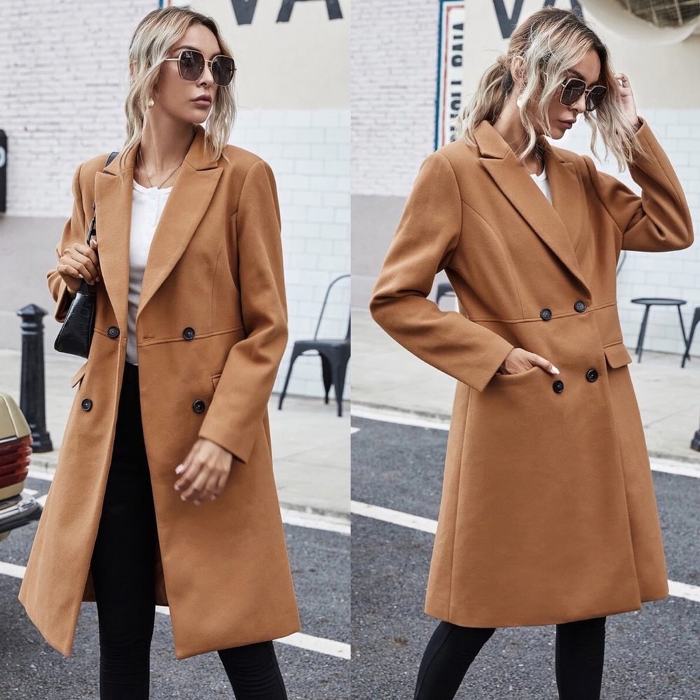 Camel tan button trench classic long pea coat fall